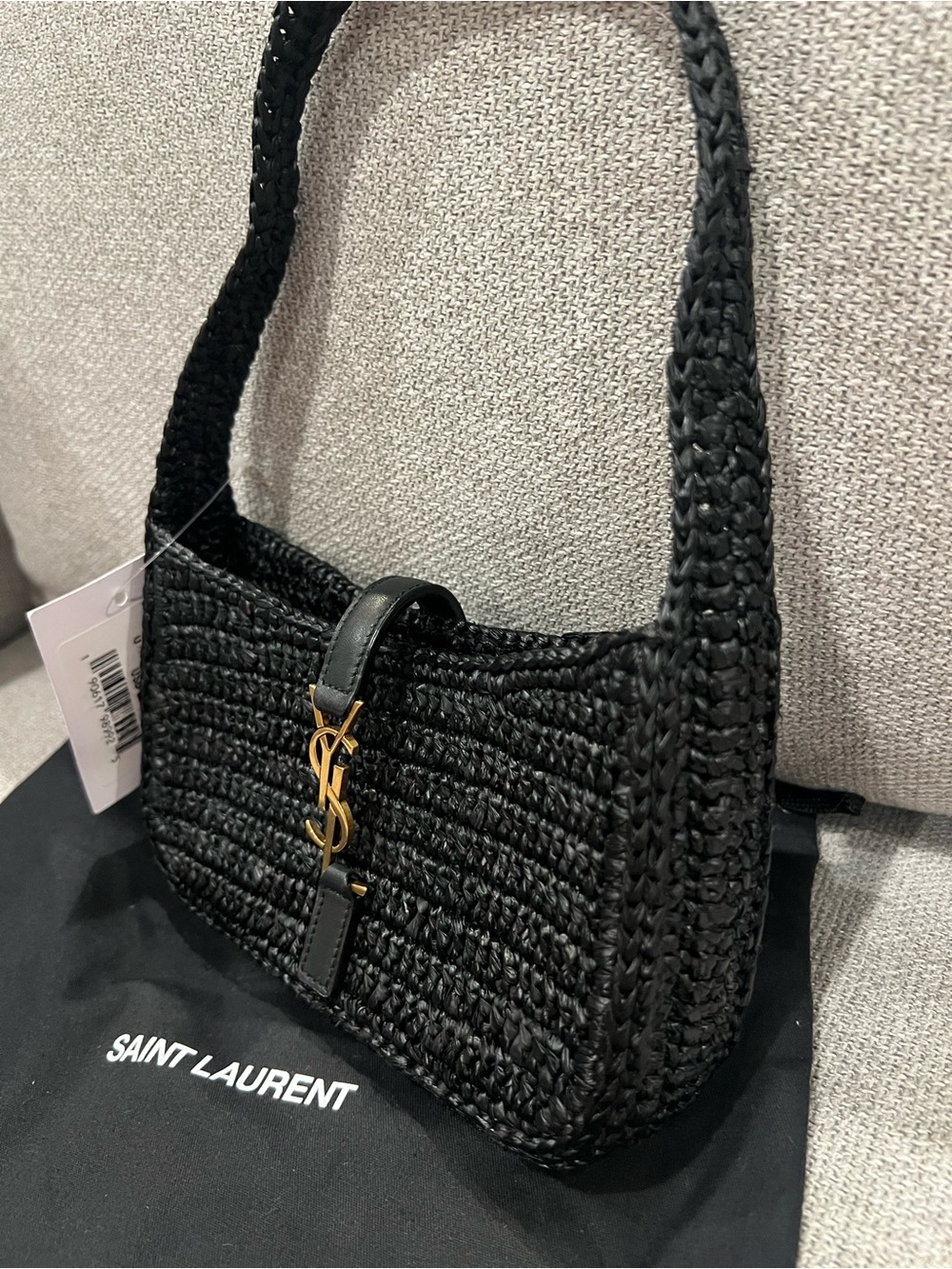 NEW SAINT LAURENT Women's Le 5 À 7 Leather - Black Trimmed Raffia Mini Hobo Bag - Picture 3 of 14